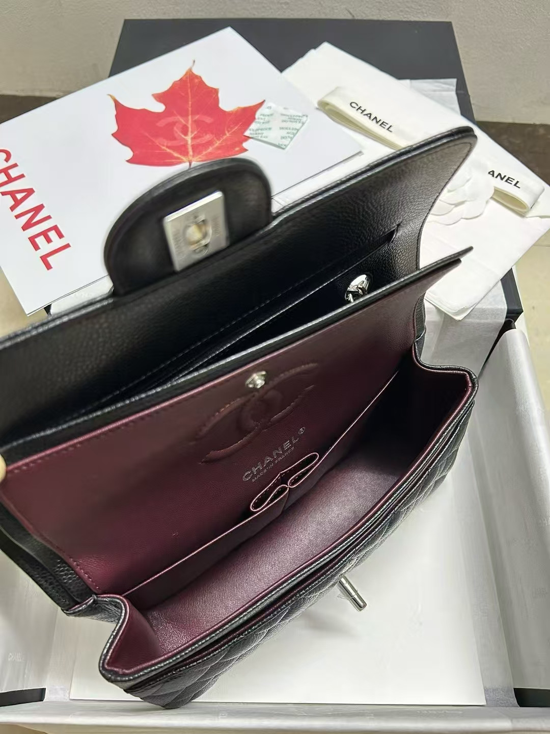 Ch*el small classic handbag grained calfskin & silver-tone metal black 5.7 × 9 × 2.3 in