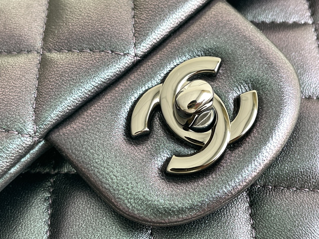 Ch*el crumpled calfskin quited double flap black 19.5×30×10cm