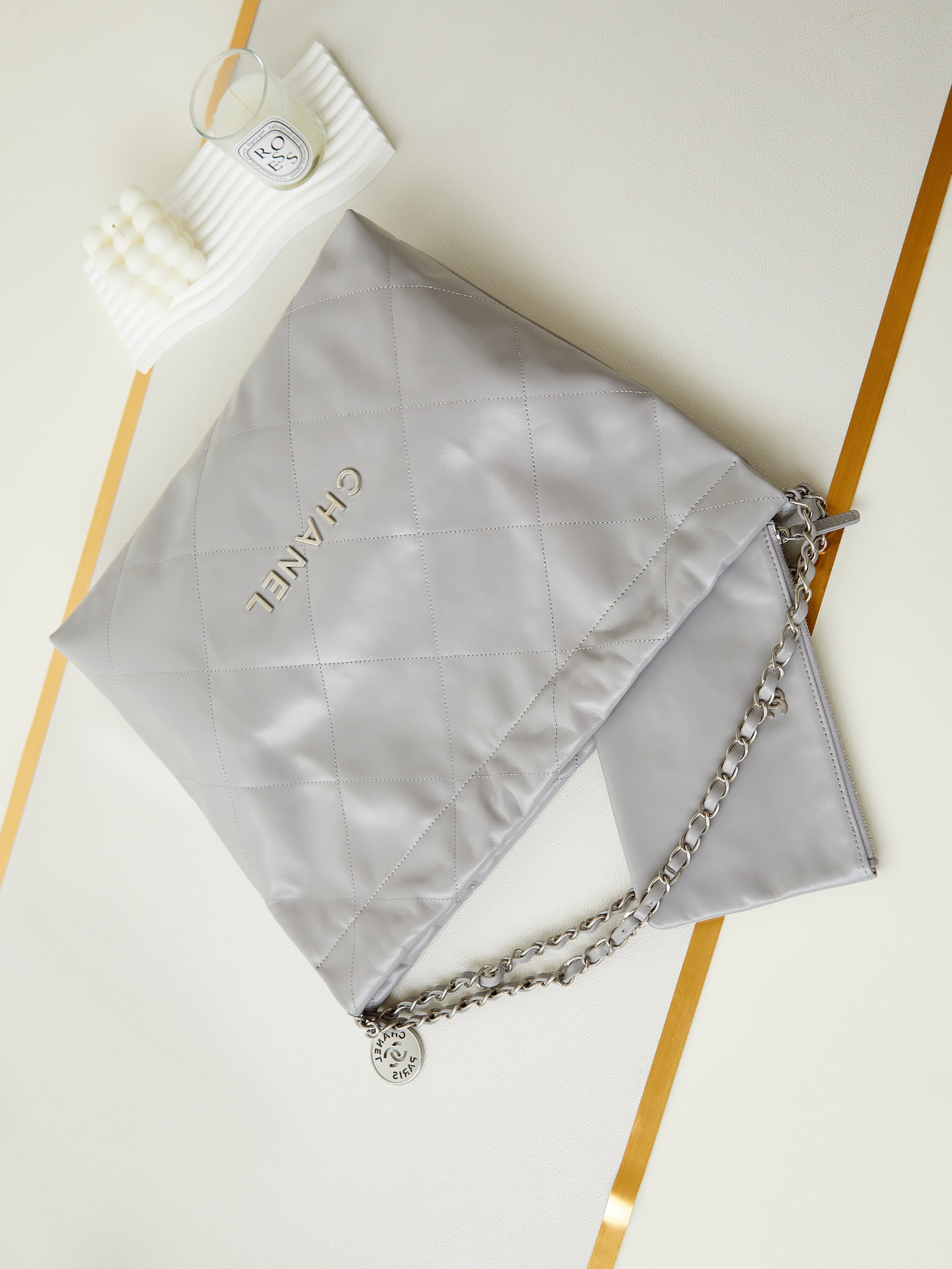 Ch*el 22 small handbag shiny calfskin grey 15.2×16.4×3.1 in