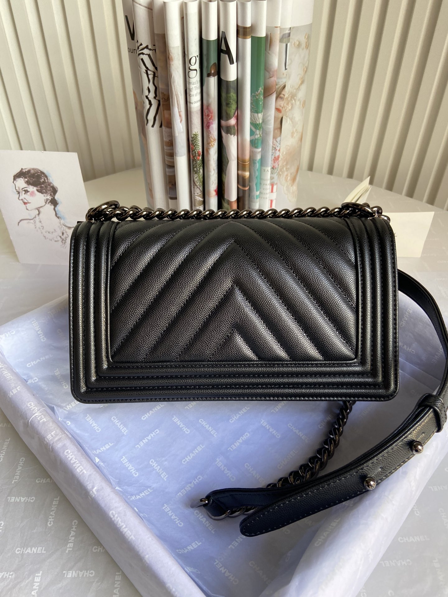 boy Ch*el handbag shiny grained calfskin black 5.9 × 9.8 × 3.5 in