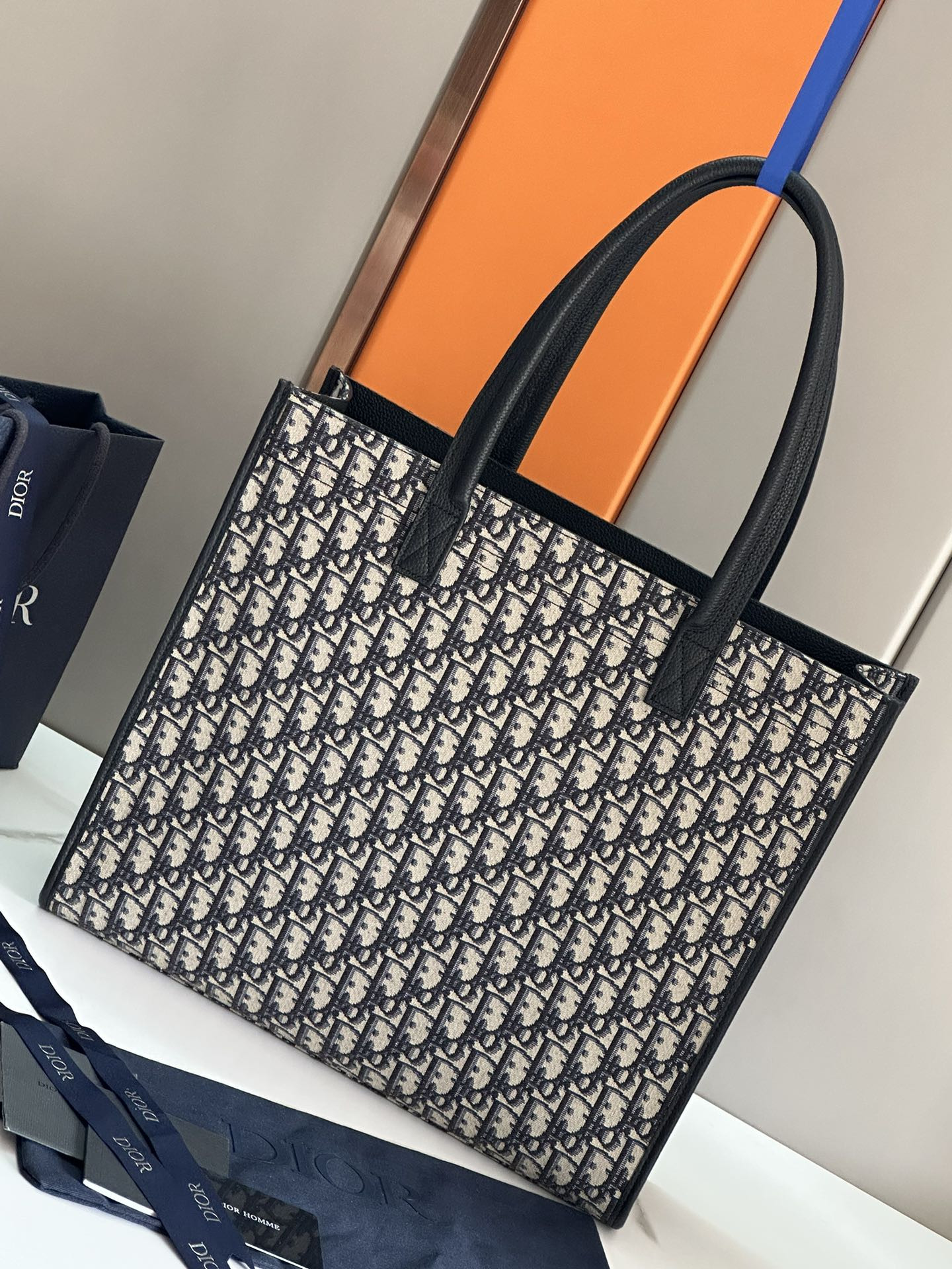 D*or safari tote bag blue D*or oblique jacquard and grained calfskin 15.5 x 14 x 4.5 inches