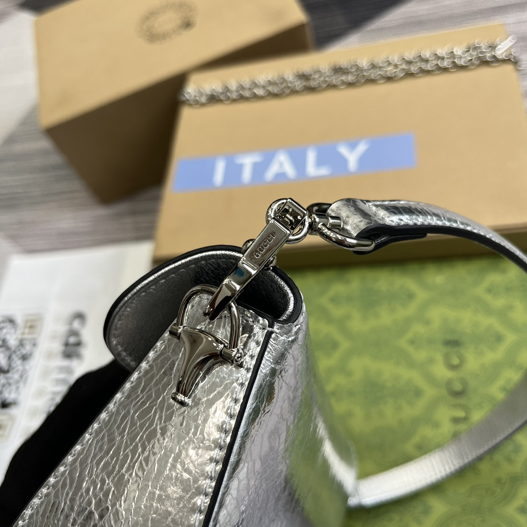 G*u*i horsebit 1955 mini shoulder bag silver 7.7"w x 5-3.1"h x 2.4-1.2"d